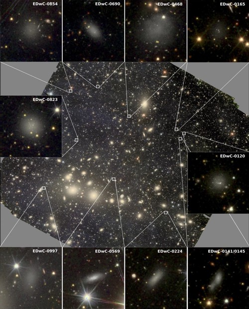 Některé z trpasličích galaxií objevených observatoří Euclid
